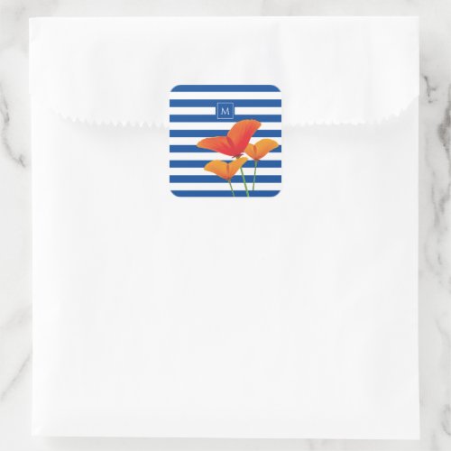 Poppy Chic Blue Stripes Monogram Square Sticker