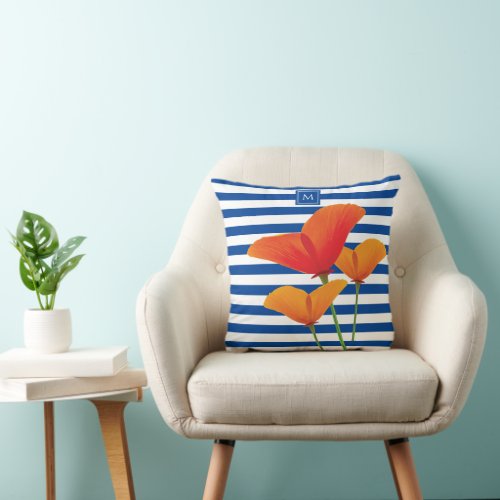 Poppy Chic Blue Stripes Monogram Throw Pillow