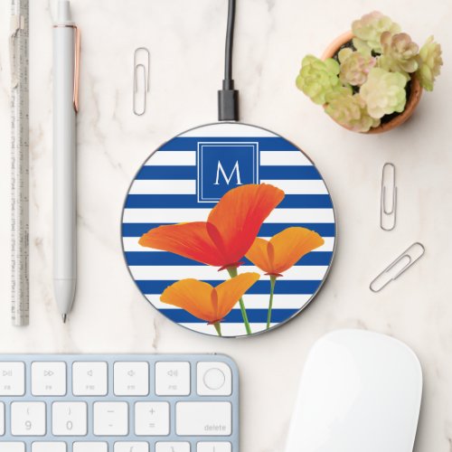 Poppy Chic Blue Stripes Monogram Wireless Charger