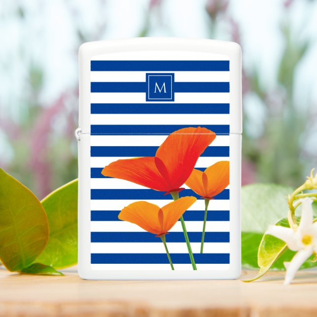 Poppy Chic Blue Stripes Monogram Zippo Lighter (On Table)