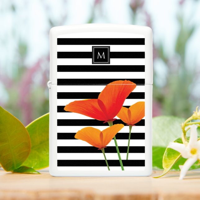 Poppy Chic Stripes Monogram Zippo Lighter (On Table)
