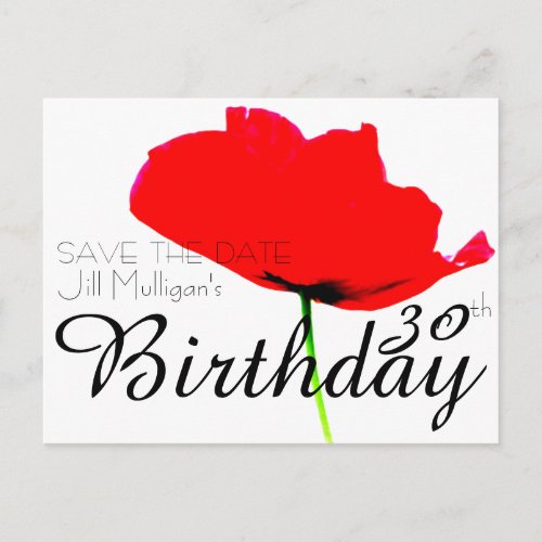 POPPY Collection 30th Birthday Save the Date Announcement Postcard