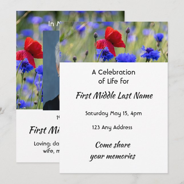 Poppy Cornflower Meadow  Memorial Pocket Keepsake Invitation (Front/Back)