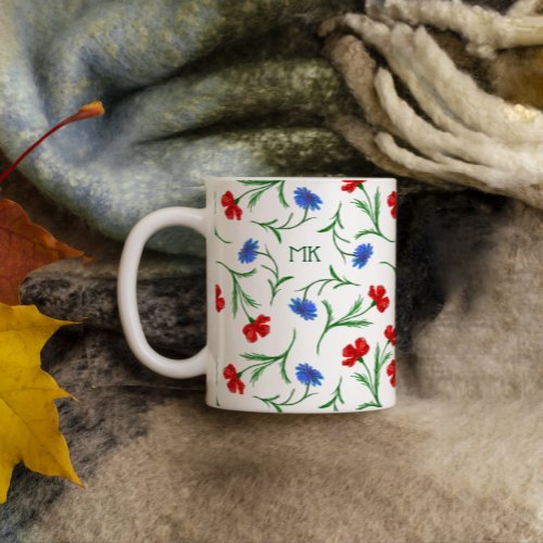 Poppy  Cornflower Red Blue White Floral Monogram Coffee Mug