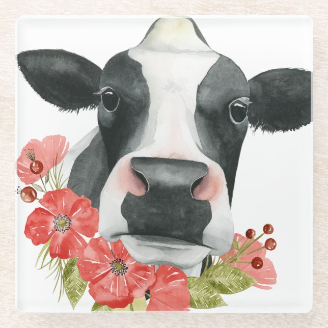 Poppy Farm - Cow with Flowers Glass Coaster (Front)