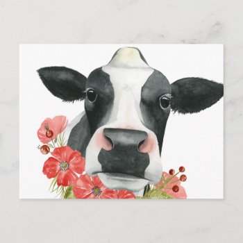 Poppy Farm - Cow With Flowers Postcard by worldartgroup at Zazzle