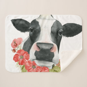 Poppy Farm - Cow with Flowers Sherpa Blanket