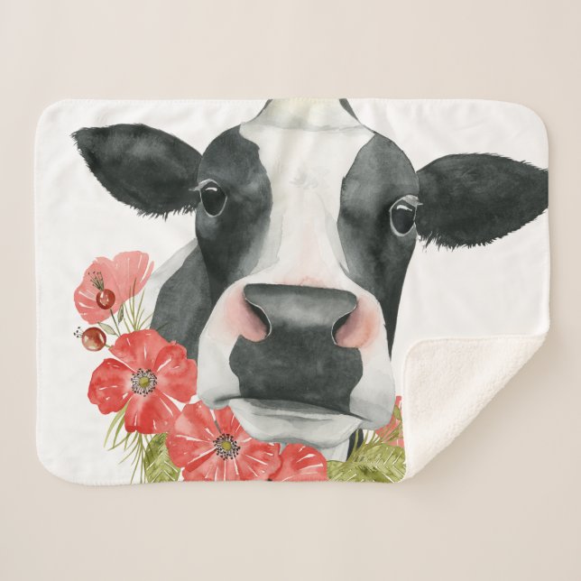 Poppy Farm - Cow with Flowers Sherpa Blanket (Front (Horizontal))