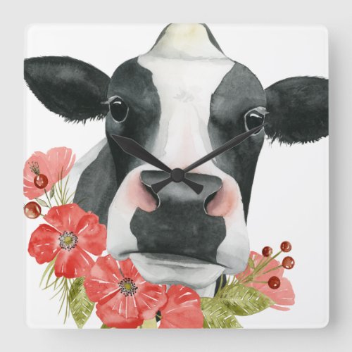 Poppy Farm _ Cow with Flowers Square Wall Clock