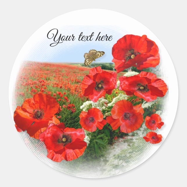 POPPY FIELD Add your text Classic Round Sticker (Front)