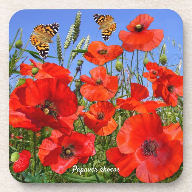 Poppy Field and Butterflies Beverage Coaster (Front)