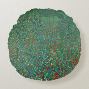 Poppy Field by Gustav Klimt, Vintage Art Nouveau Round Pillow