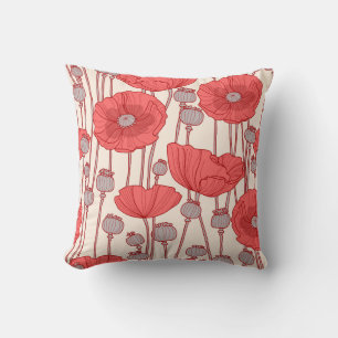 Poppy Field Dance: Seamless Floral Rhapsody Throw Pillow
