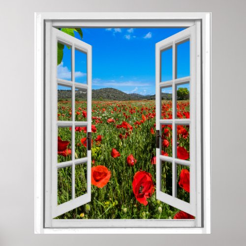 Poppy Field Faux Artificial Window View Poster