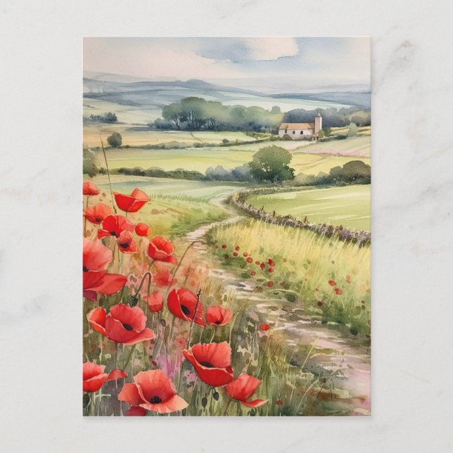 Poppy Field In A Country Landscape Postcard (Front)