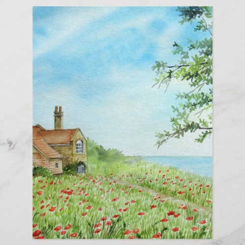 Poppy Field Landscape Watercolor Painting