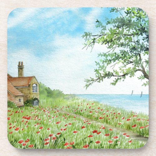 Poppy Field Landscape Watercolor Painting Beverage Coaster
