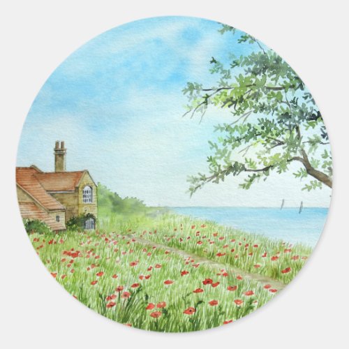 Poppy Field Landscape Watercolor Painting Classic Round Sticker