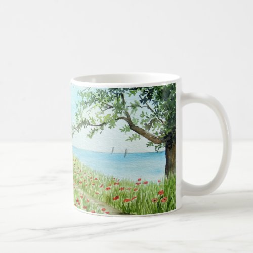 Poppy Field Landscape Watercolor Painting Coffee Mug