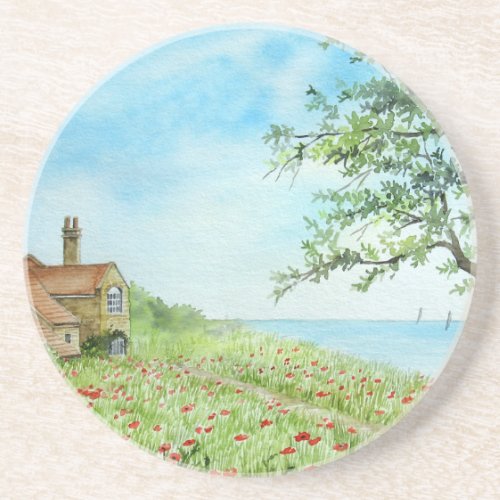 Poppy Field Landscape Watercolor Painting Drink Coaster