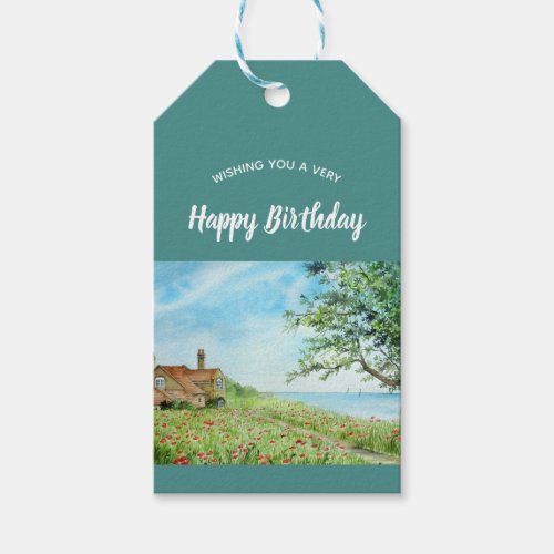 Poppy Field Landscape Watercolor Painting Gift Tags