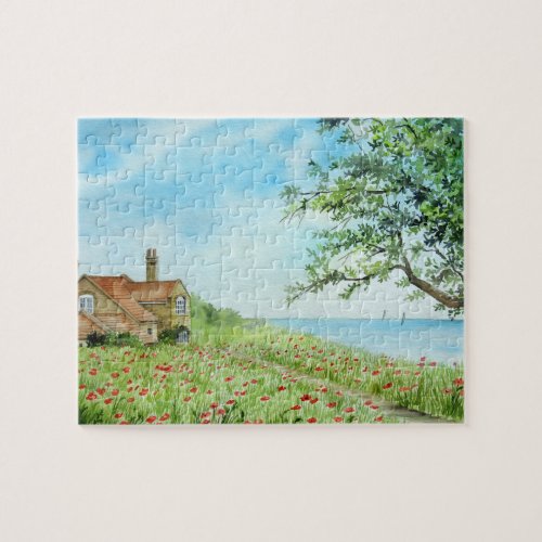 Poppy Field Landscape Watercolor Painting Jigsaw Puzzle