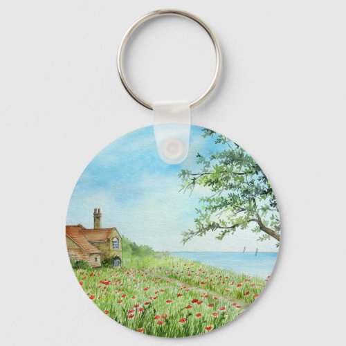 Poppy Field Landscape Watercolor Painting Keychain