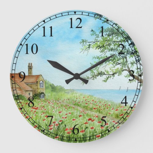 Poppy Field Landscape Watercolor Painting Large Clock