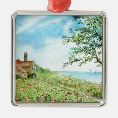 Poppy Field Landscape Watercolor Painting Metal Ornament