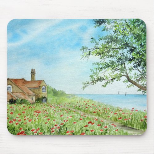 Poppy Field Landscape Watercolor Painting Mouse Pad