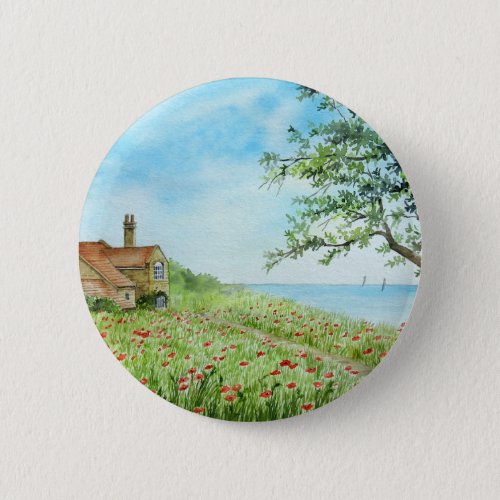 Poppy Field Landscape Watercolor Painting Pinback Button