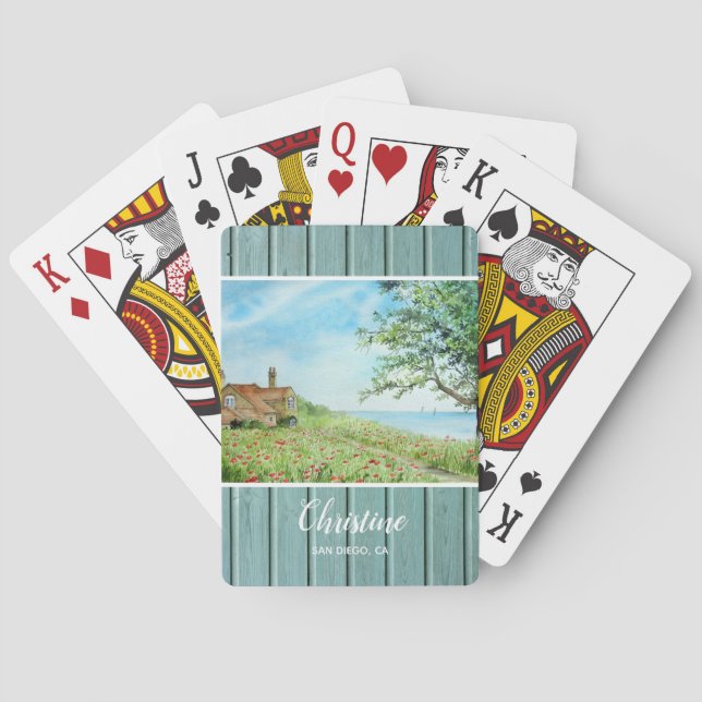 Poppy Field Landscape Watercolor Painting Poker Cards (Back)