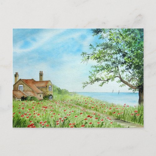 Poppy Field Landscape Watercolor Painting Postcard