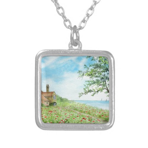 Poppy Field Landscape Watercolor Painting Silver Plated Necklace