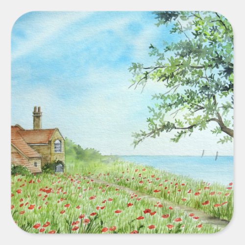 Poppy Field Landscape Watercolor Painting Square Sticker