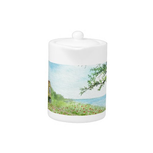 Poppy Field Landscape Watercolor Painting Teapot