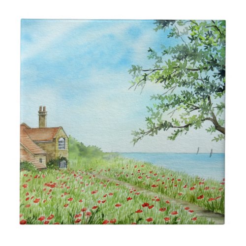 Poppy Field Landscape Watercolor Painting Tile