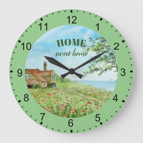 Poppy Field Landscape Watercolor with Numbers Large Clock