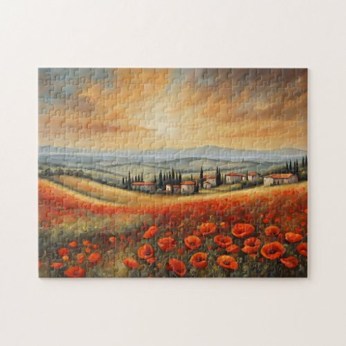 Poppy Field Near Tuscan Village Jigsaw Puzzle