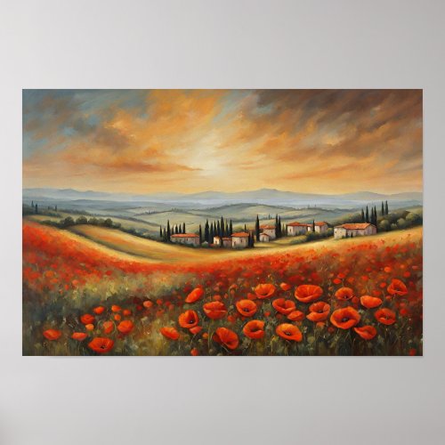 Poppy Field Near Tuscan Village Poster