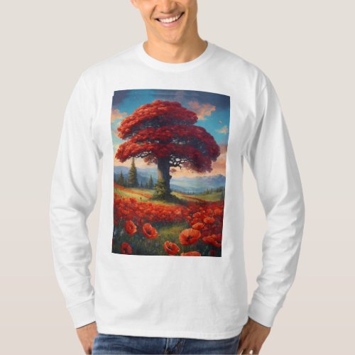  Poppy Field Oasis with a Majestic Pine Tree T_Shirt