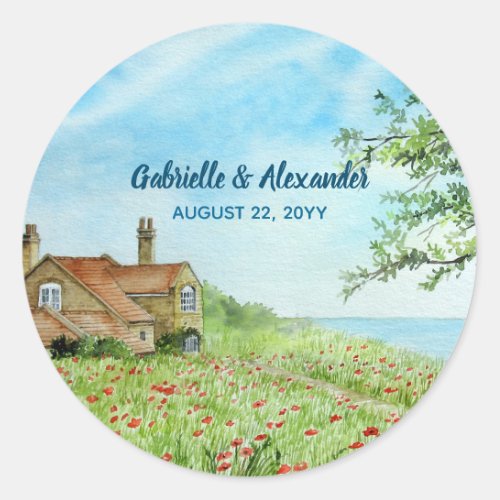 Poppy Field Watercolor Painting Wedding Classic Round Sticker