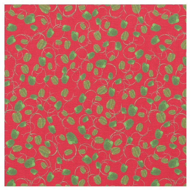 Poppy Fields Green Buds on Red Custom Fabric (Close Up)