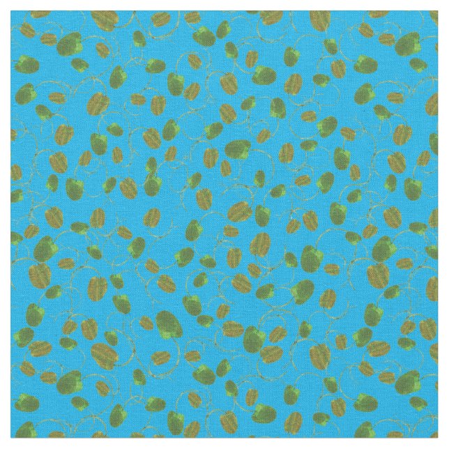 Poppy Fields Green Buds on Sky Blue Custom Fabric (Close Up)