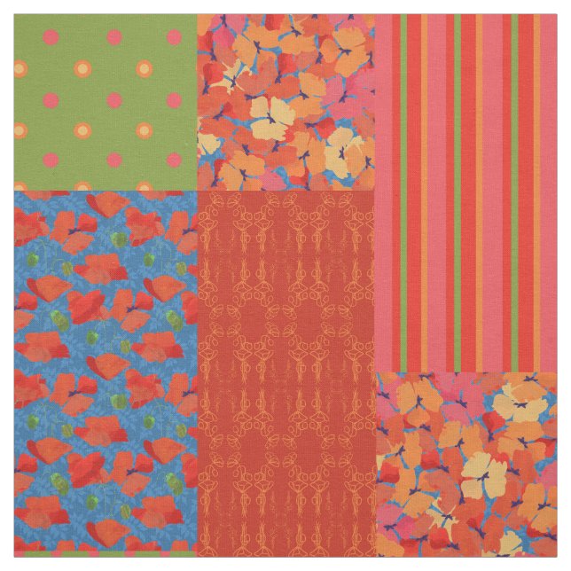 Poppy Fields Patterns Faux Patchwork Fabric (Swatch)