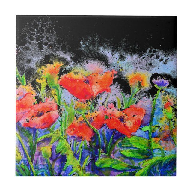 Poppy Fields -watercolor floral Ceramic Tile (Front)