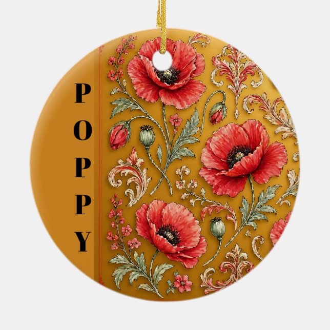 Poppy fleur-de-lis golden design ceramic ornament (Back)