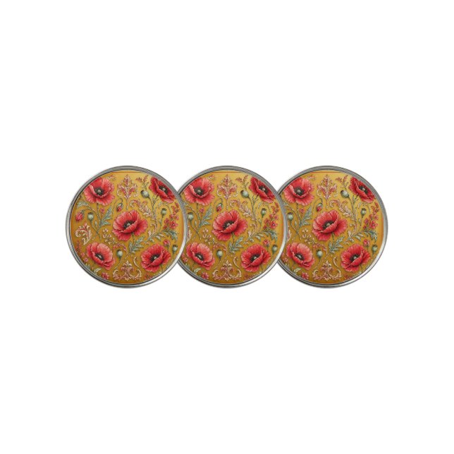 Poppy fleur golden design golf ball marker (3 Up)