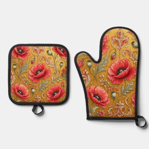 Poppy fleur golden design oven mitt & pot holder set