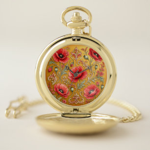 Poppy fleur golden design pocket watch